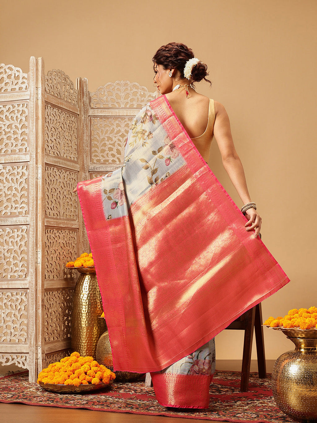 Hiral Fashion Grey Banarasi Tissue Silk Floral Digital Printed Saree