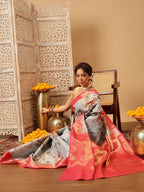 Hiral Fashion Grey Banarasi Tissue Silk Floral Digital Printed Saree