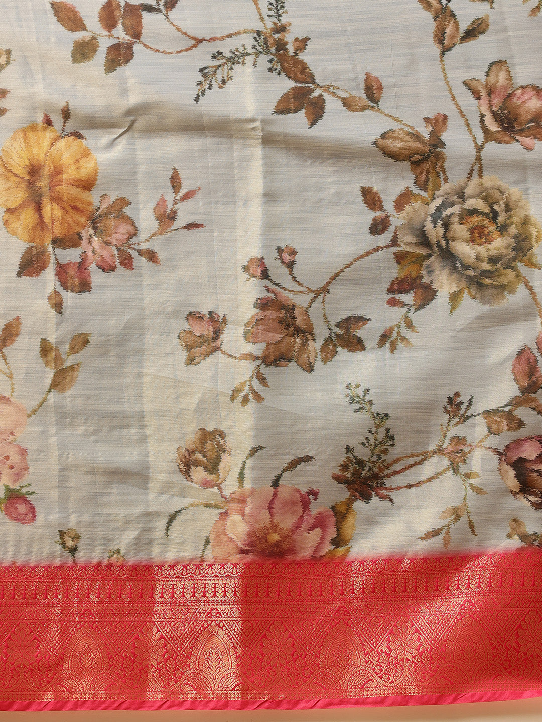 Hiral Fashion Grey Banarasi Tissue Silk Floral Digital Printed Saree