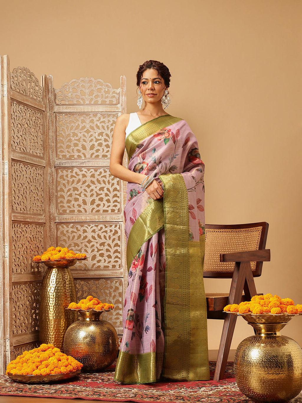 Hiral Fashion Lavender Banarasi Tissue Silk Floral Digital Printed Saree