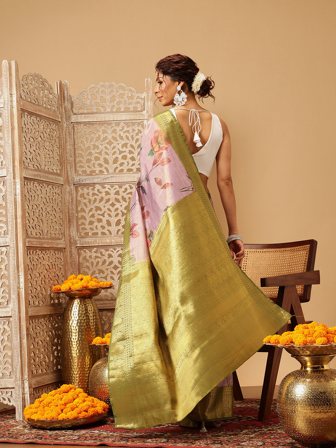 Hiral Fashion Lavender Banarasi Tissue Silk Floral Digital Printed Saree