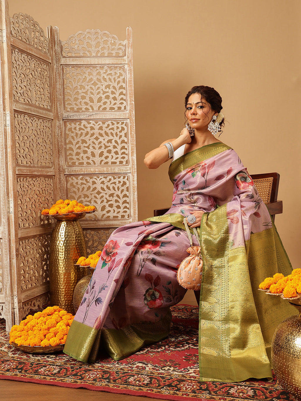 Hiral Fashion Lavender Banarasi Tissue Silk Floral Digital Printed Saree