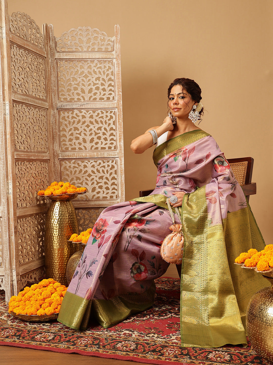 Hiral Fashion Lavender Banarasi Tissue Silk Floral Digital Printed Saree