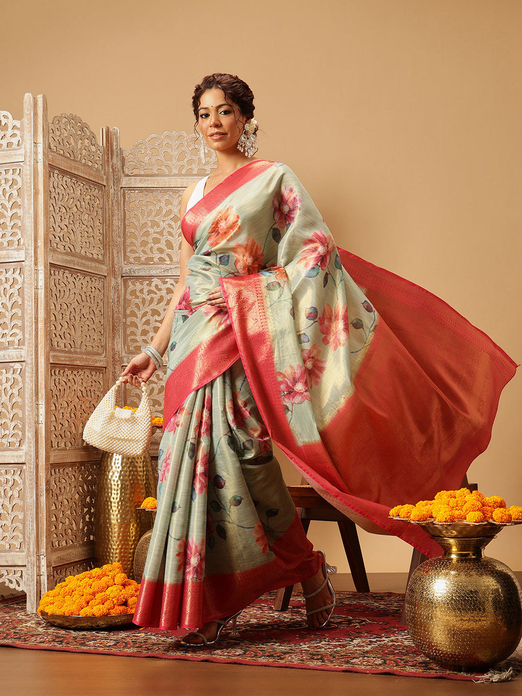 Hiral Fashion Olive Banarasi Tissue Silk Floral Digital Printed Saree