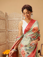 Hiral Fashion Olive Banarasi Tissue Silk Floral Digital Printed Saree