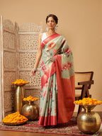 Hiral Fashion Olive Banarasi Tissue Silk Floral Digital Printed Saree