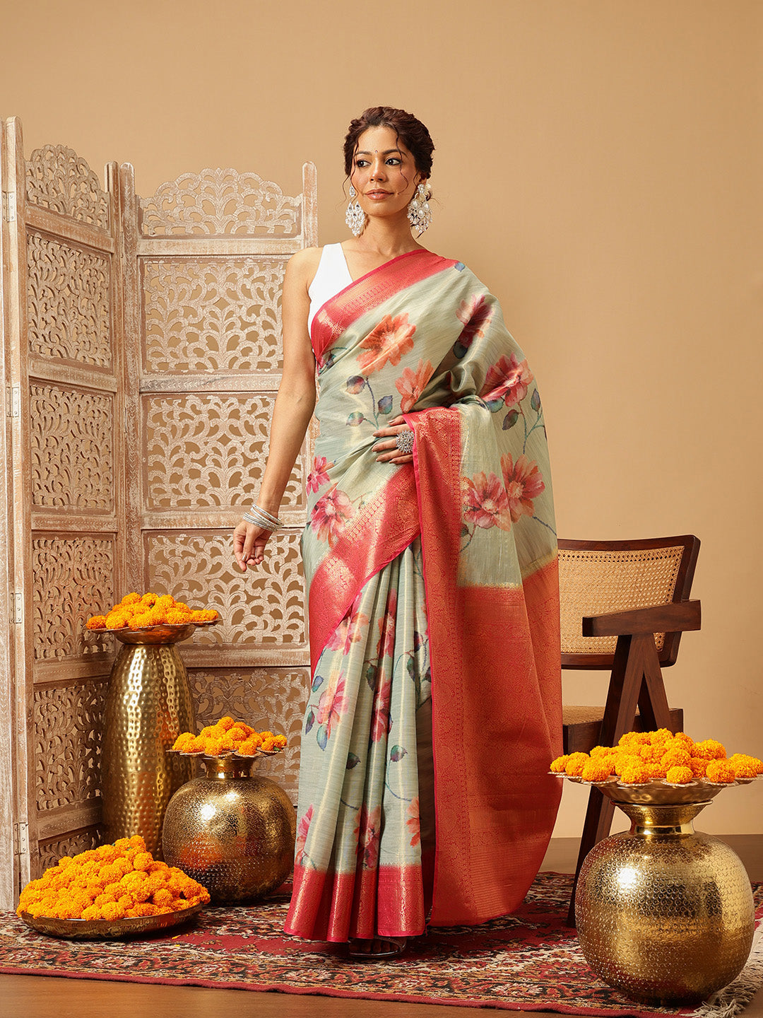 Hiral Fashion Olive Banarasi Tissue Silk Floral Digital Printed Saree