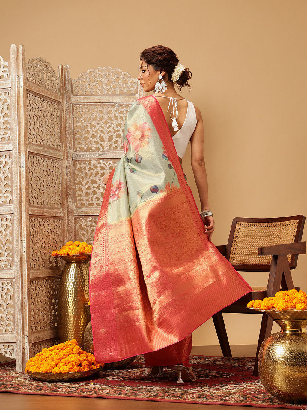 Hiral Fashion Olive Banarasi Tissue Silk Floral Digital Printed Saree