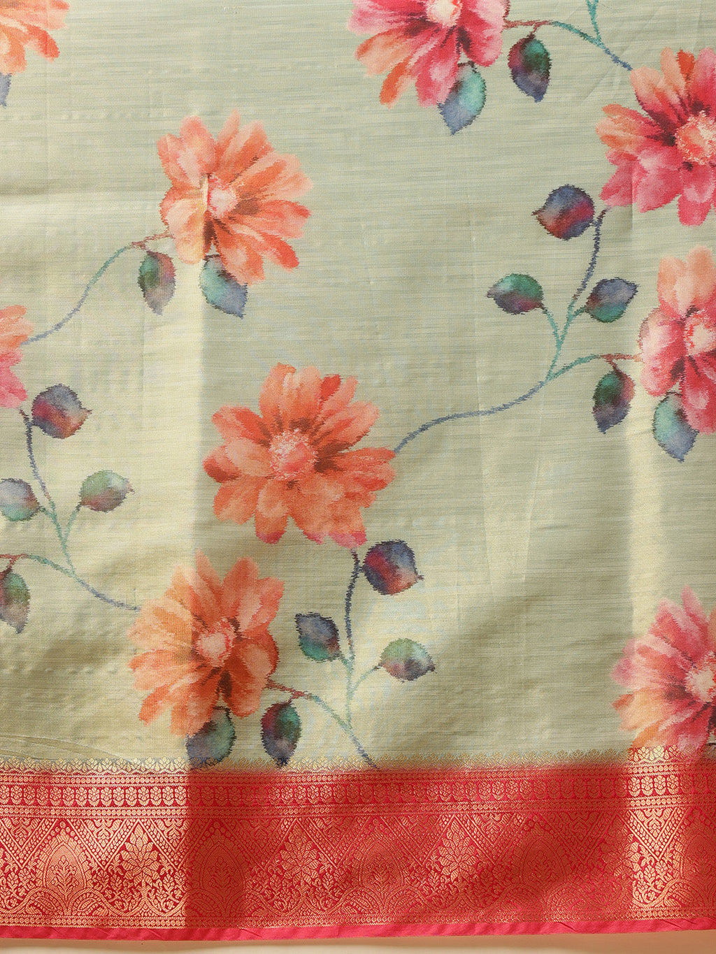 Hiral Fashion Olive Banarasi Tissue Silk Floral Digital Printed Saree