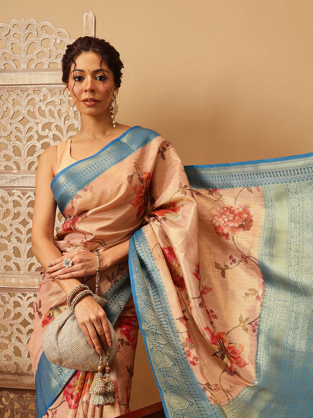 Hiral Fashion Peach Banarasi Tissue Silk Floral Digital Printed Saree