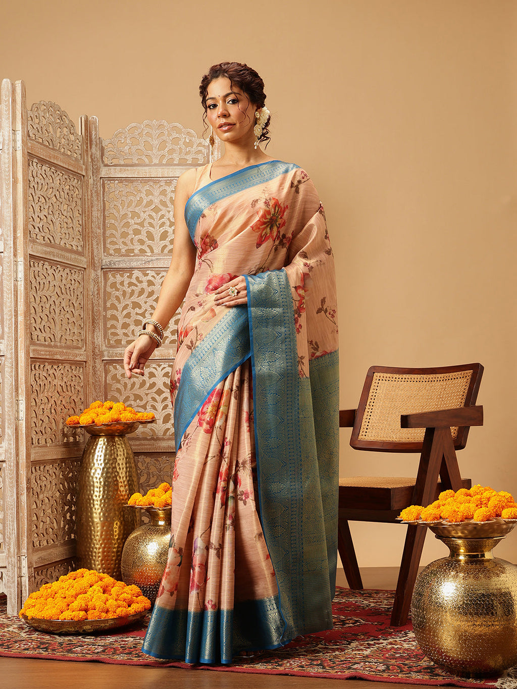 Hiral Fashion Peach Banarasi Tissue Silk Floral Digital Printed Saree