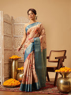 Hiral Fashion Peach Banarasi Tissue Silk Floral Digital Printed Saree
