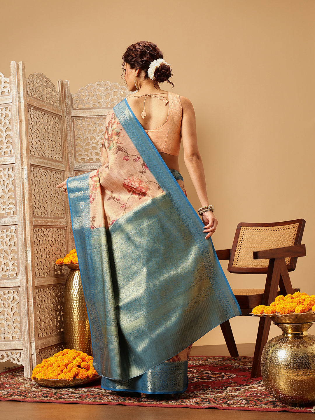 Hiral Fashion Peach Banarasi Tissue Silk Floral Digital Printed Saree