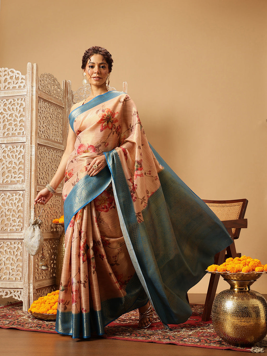 Hiral Fashion Peach Banarasi Tissue Silk Floral Digital Printed Saree