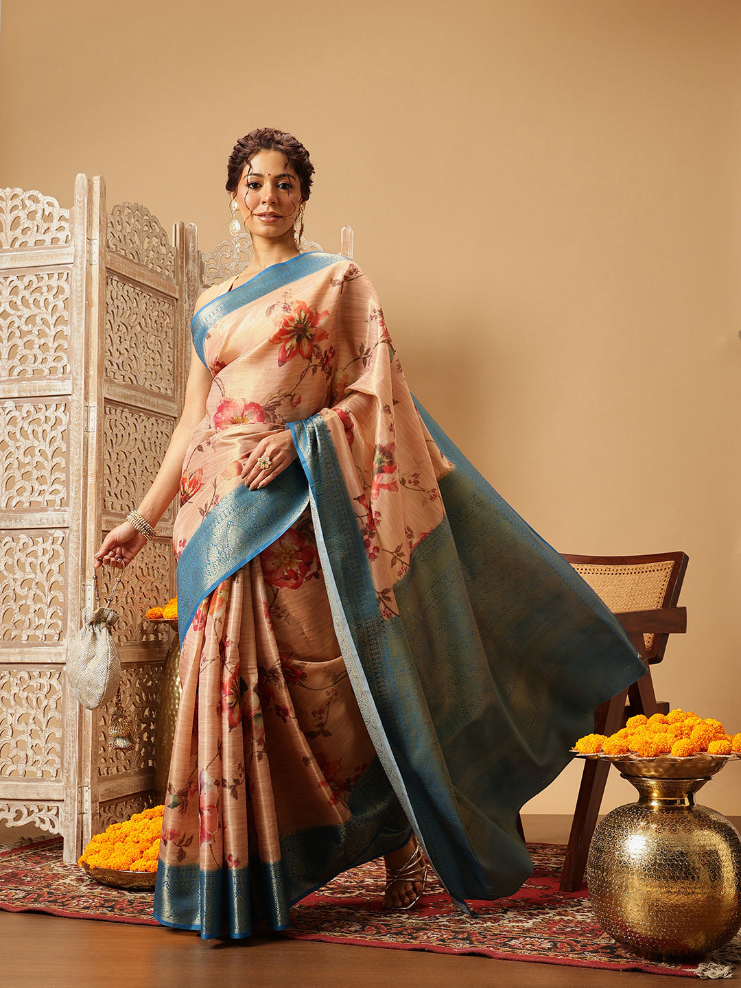 Hiral Fashion Peach Banarasi Tissue Silk Floral Digital Printed Saree