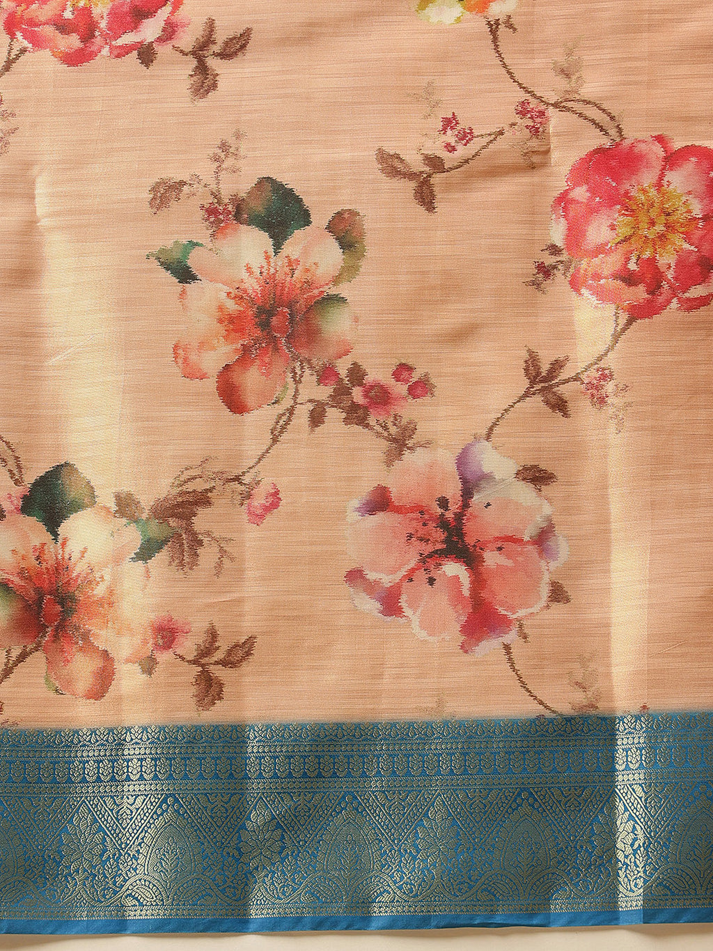 Hiral Fashion Peach Banarasi Tissue Silk Floral Digital Printed Saree