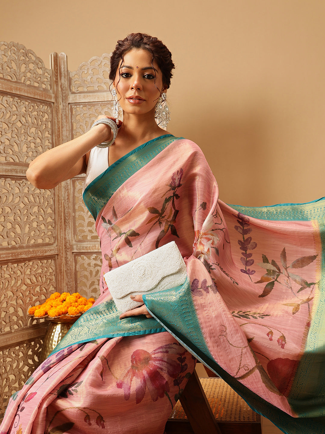 Hiral Fashion Pink Banarasi Tissue Silk Floral Digital Printed Saree