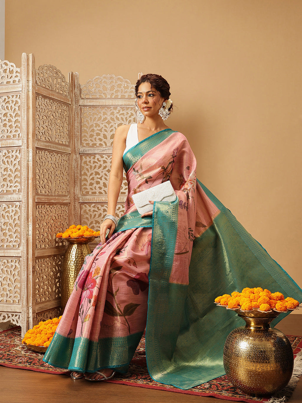 Hiral Fashion Pink Banarasi Tissue Silk Floral Digital Printed Saree