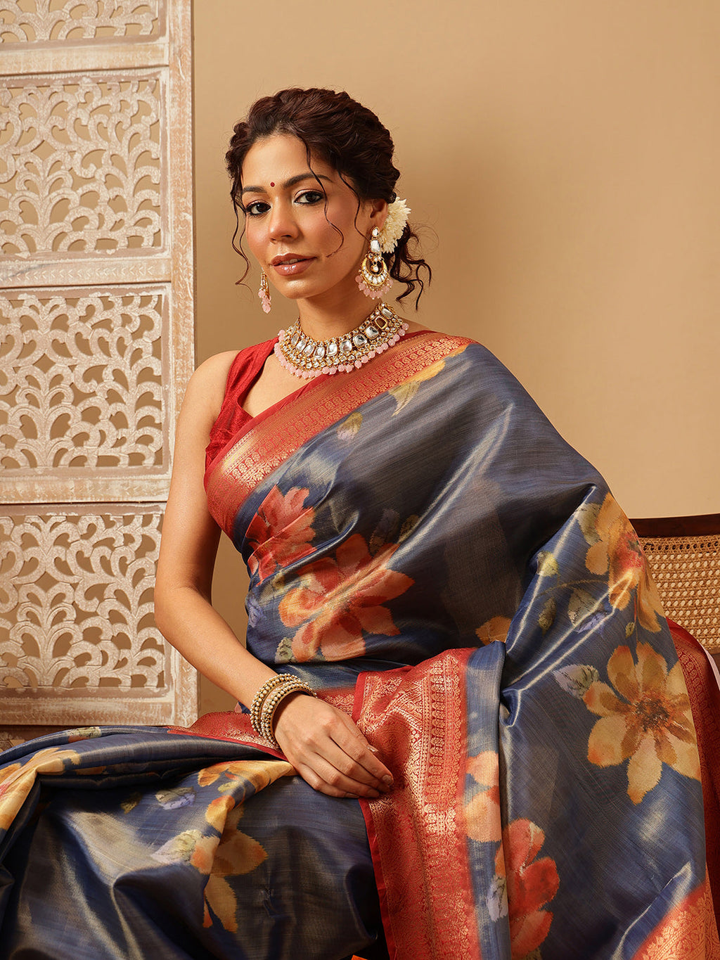 Hiral Fashion Blue Banarasi Tissue Silk Floral Digital Printed Saree