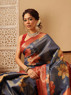 Hiral Fashion Blue Banarasi Tissue Silk Floral Digital Printed Saree
