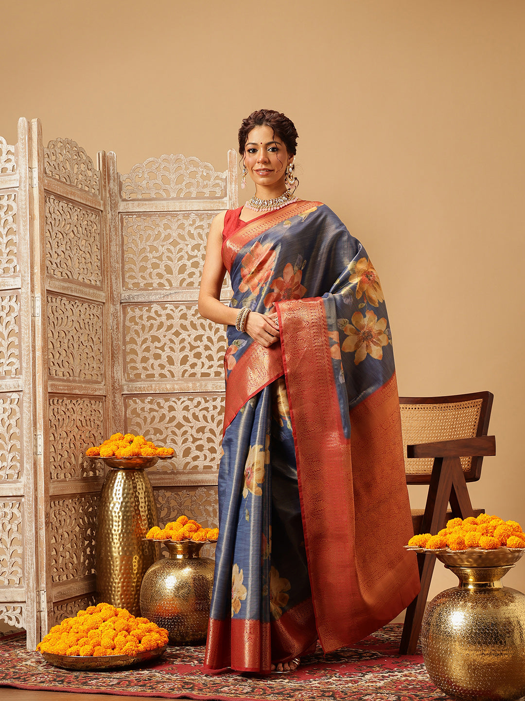 Hiral Fashion Blue Banarasi Tissue Silk Floral Digital Printed Saree