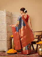 Hiral Fashion Blue Banarasi Tissue Silk Floral Digital Printed Saree
