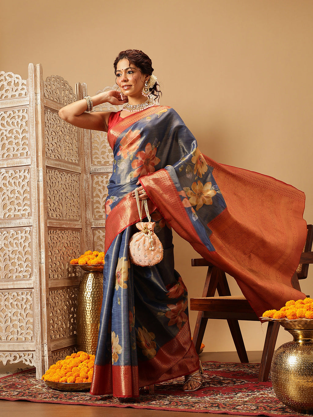 Hiral Fashion Blue Banarasi Tissue Silk Floral Digital Printed Saree