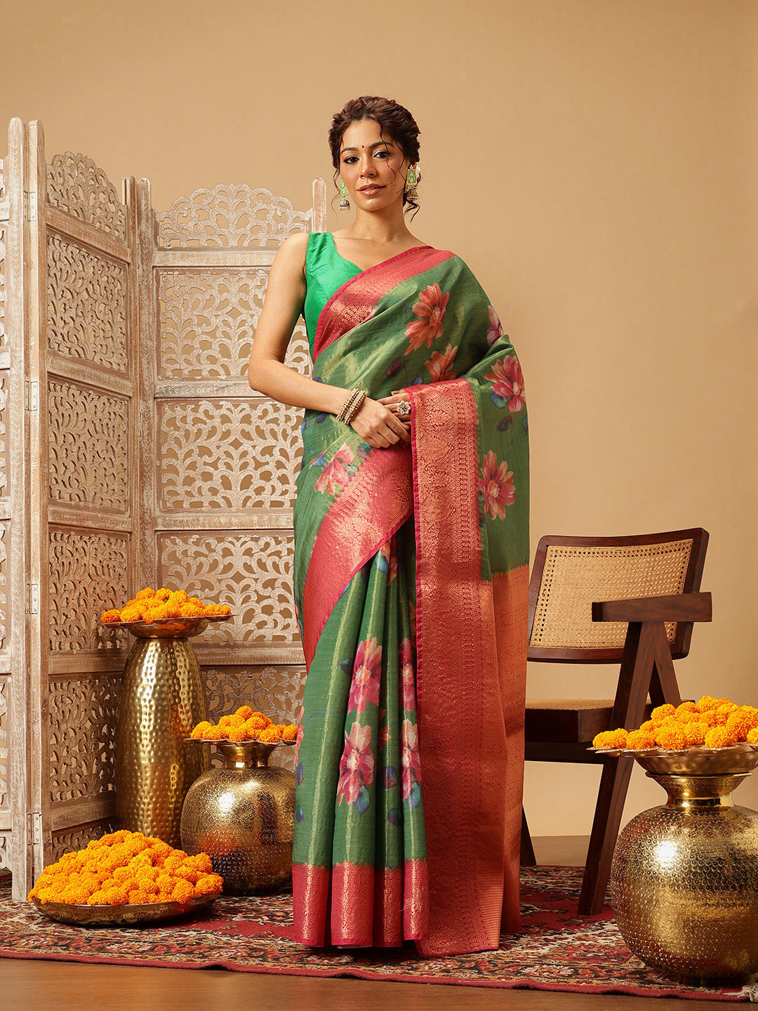 Hiral Fashion Green Banarasi Tissue Silk Floral Digital Printed Saree