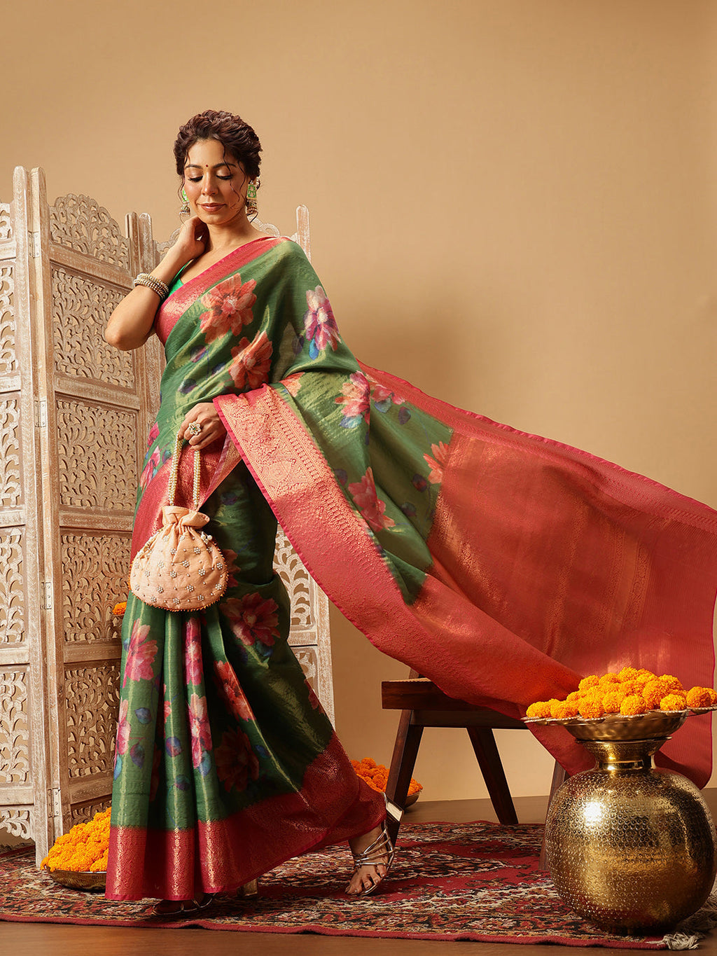 Hiral Fashion Green Banarasi Tissue Silk Floral Digital Printed Saree