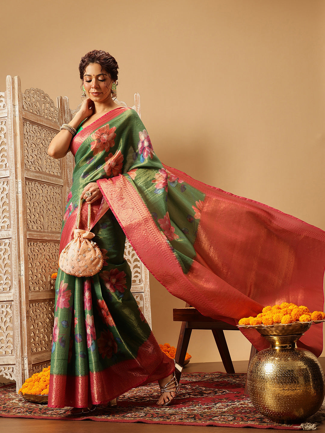Hiral Fashion Green Banarasi Tissue Silk Floral Digital Printed Saree