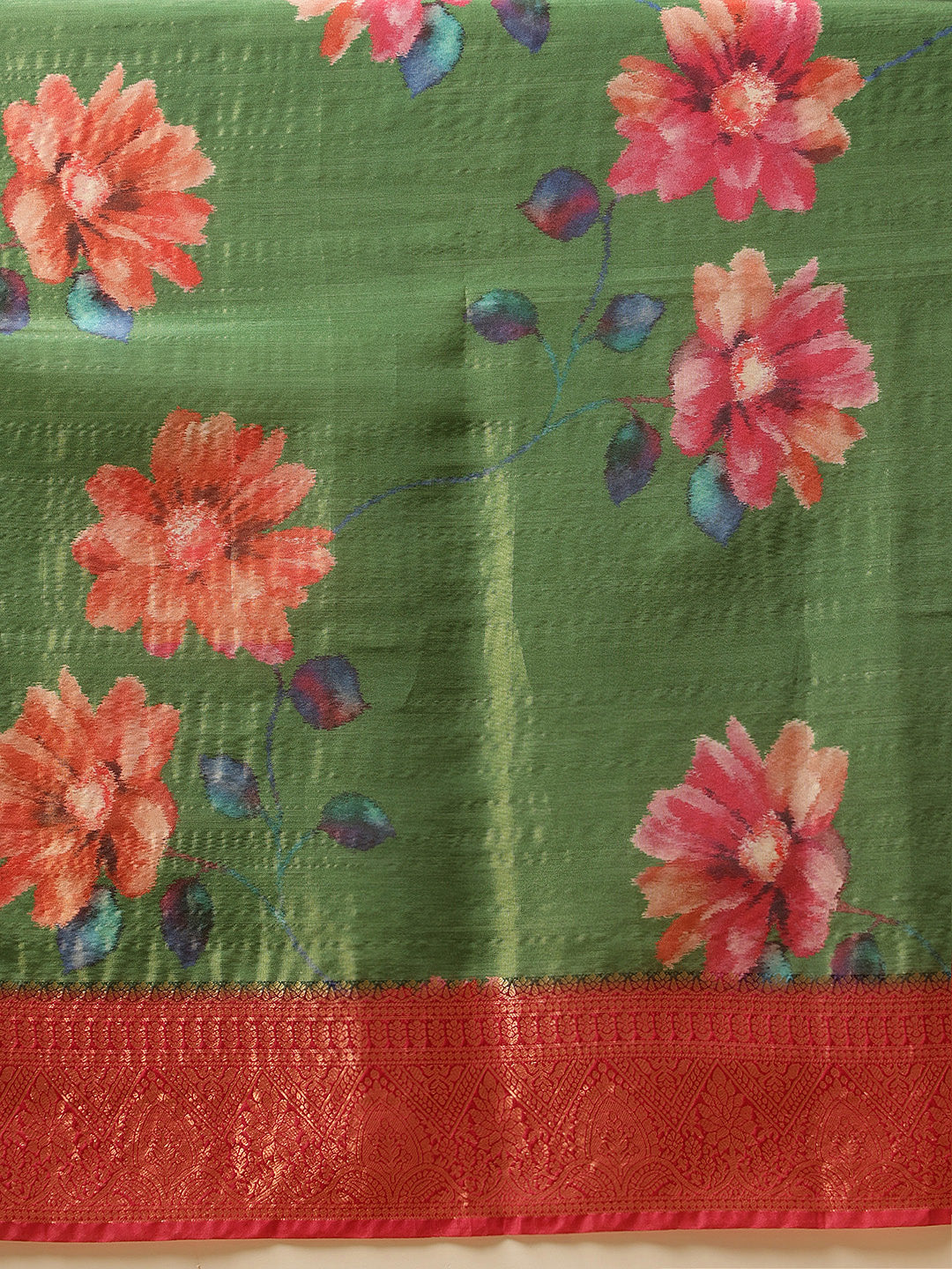 Hiral Fashion Green Banarasi Tissue Silk Floral Digital Printed Saree