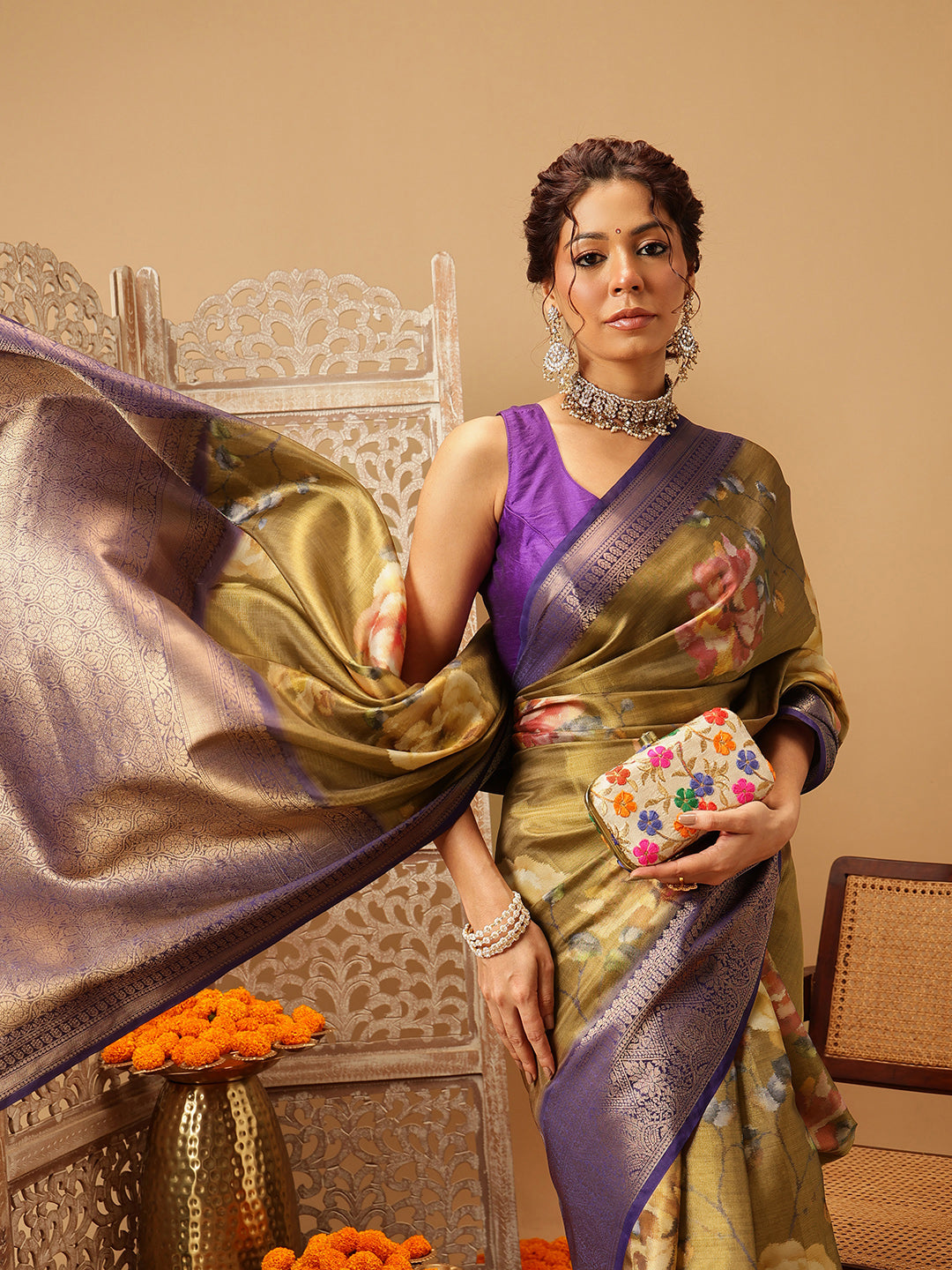 Hiral Fashion Olive Banarasi Tissue Silk Floral Digital Printed Saree