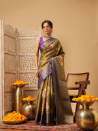 Hiral Fashion Olive Banarasi Tissue Silk Floral Digital Printed Saree