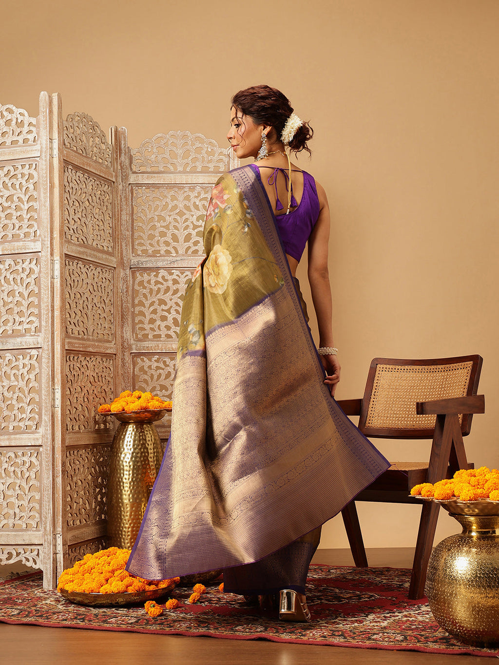 Hiral Fashion Olive Banarasi Tissue Silk Floral Digital Printed Saree