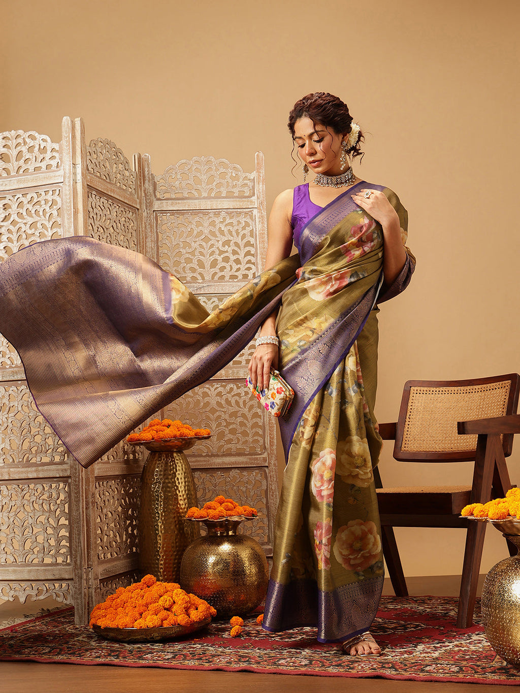 Hiral Fashion Olive Banarasi Tissue Silk Floral Digital Printed Saree