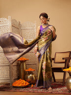 Hiral Fashion Olive Banarasi Tissue Silk Floral Digital Printed Saree