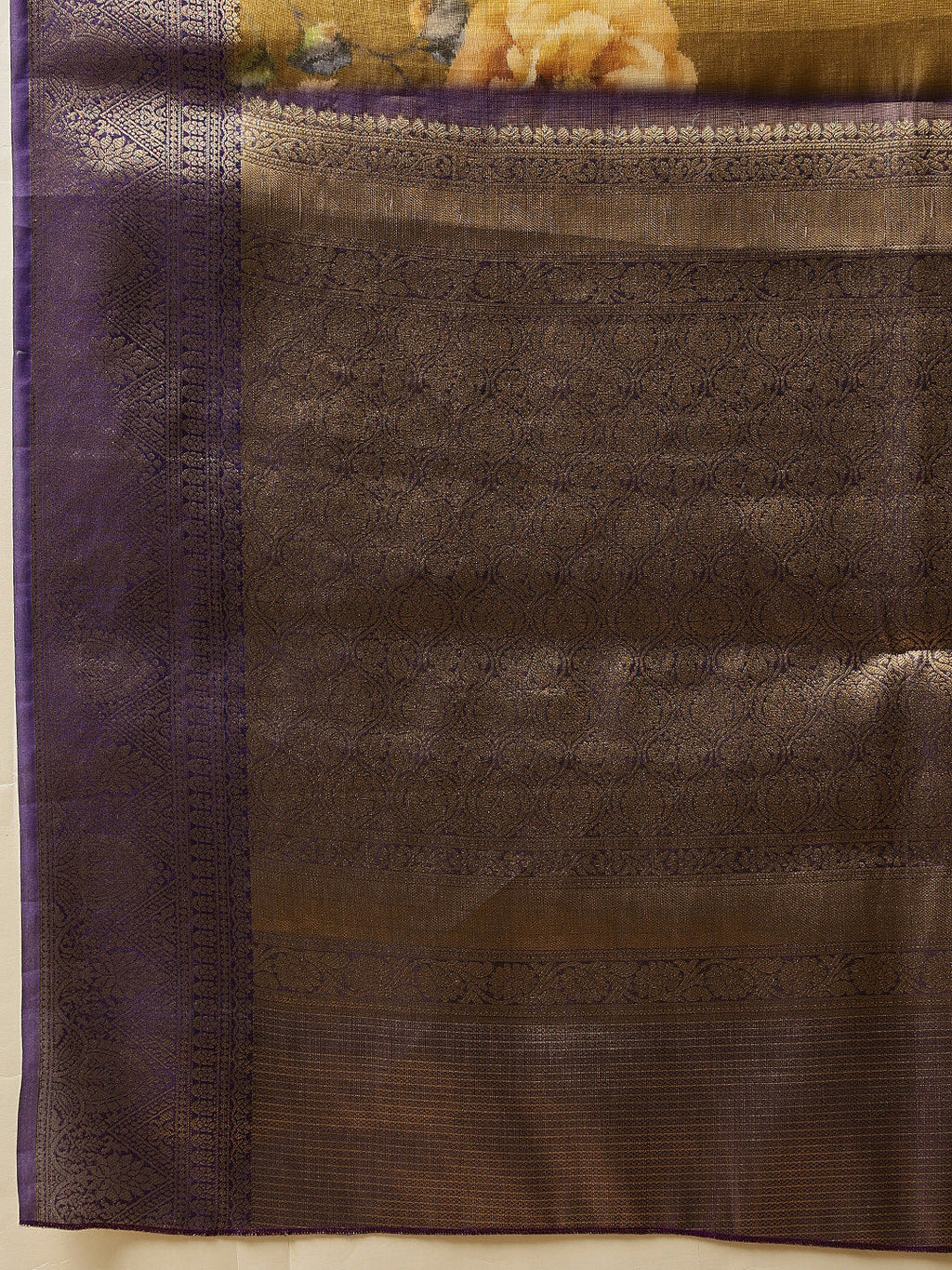 Hiral Fashion Olive Banarasi Tissue Silk Floral Digital Printed Saree