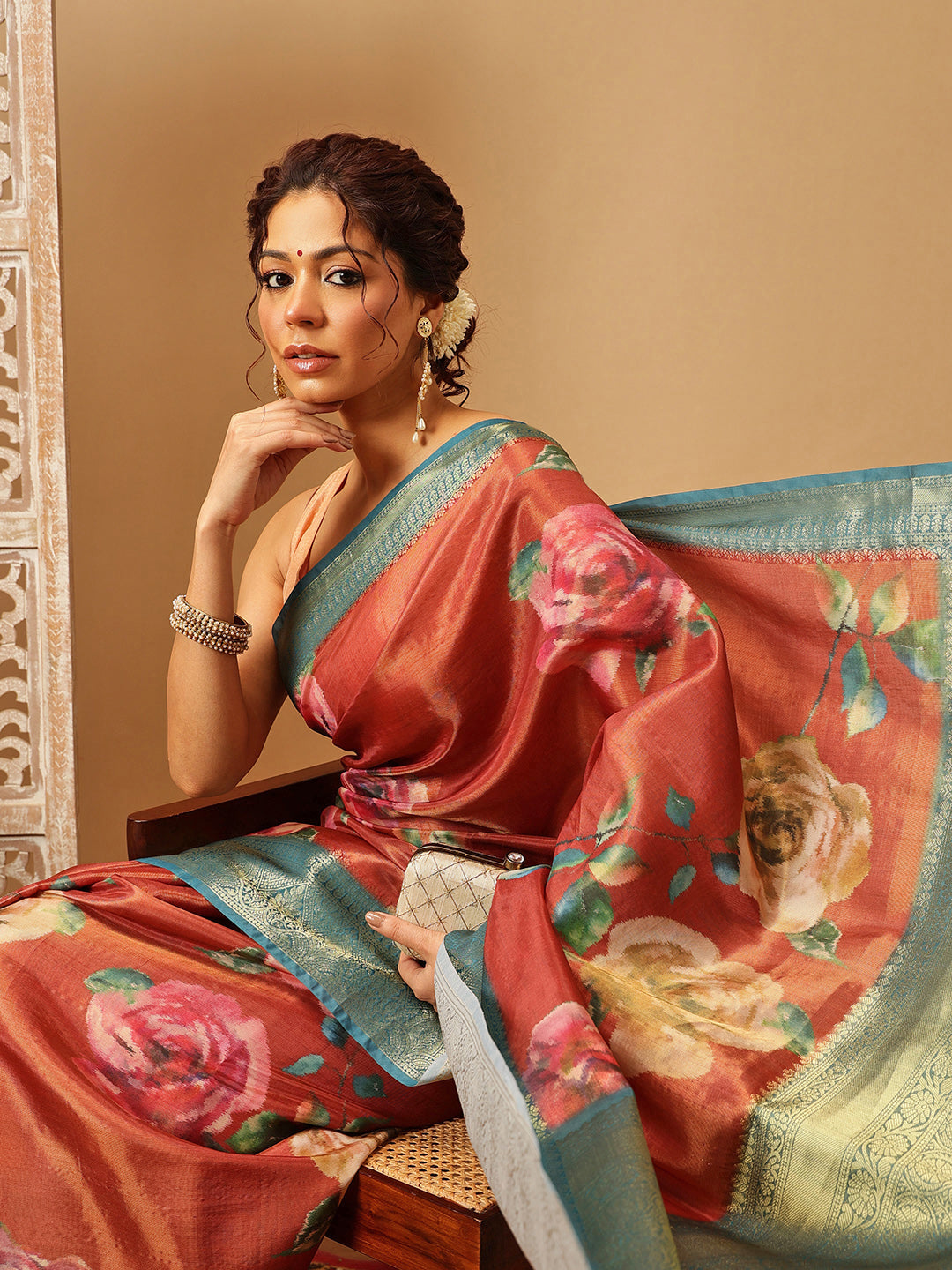 Hiral Fashion Peach Banarasi Tissue Silk Floral Digital Printed Saree
