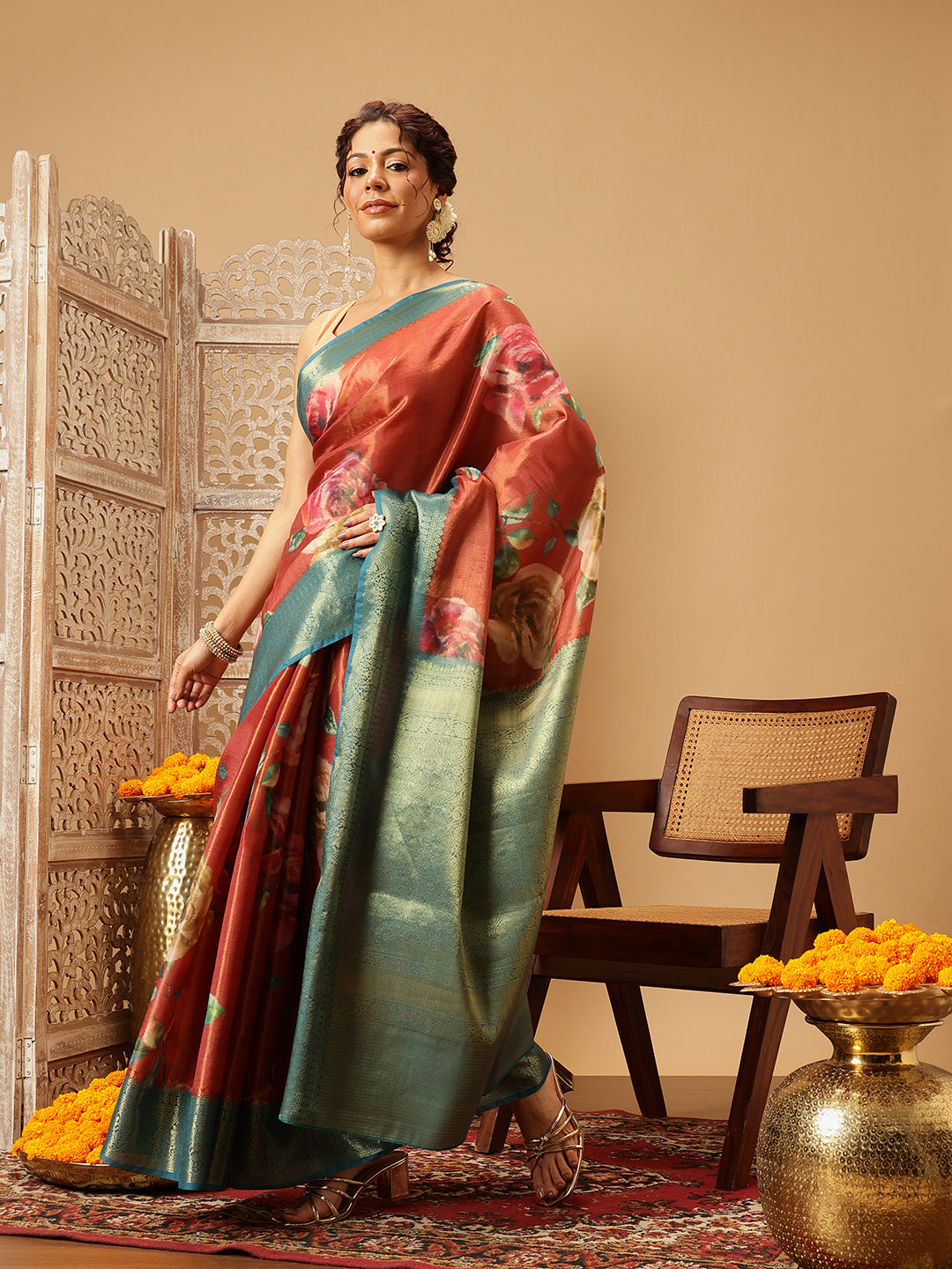 Hiral Fashion Peach Banarasi Tissue Silk Floral Digital Printed Saree