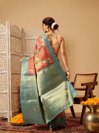 Hiral Fashion Peach Banarasi Tissue Silk Floral Digital Printed Saree