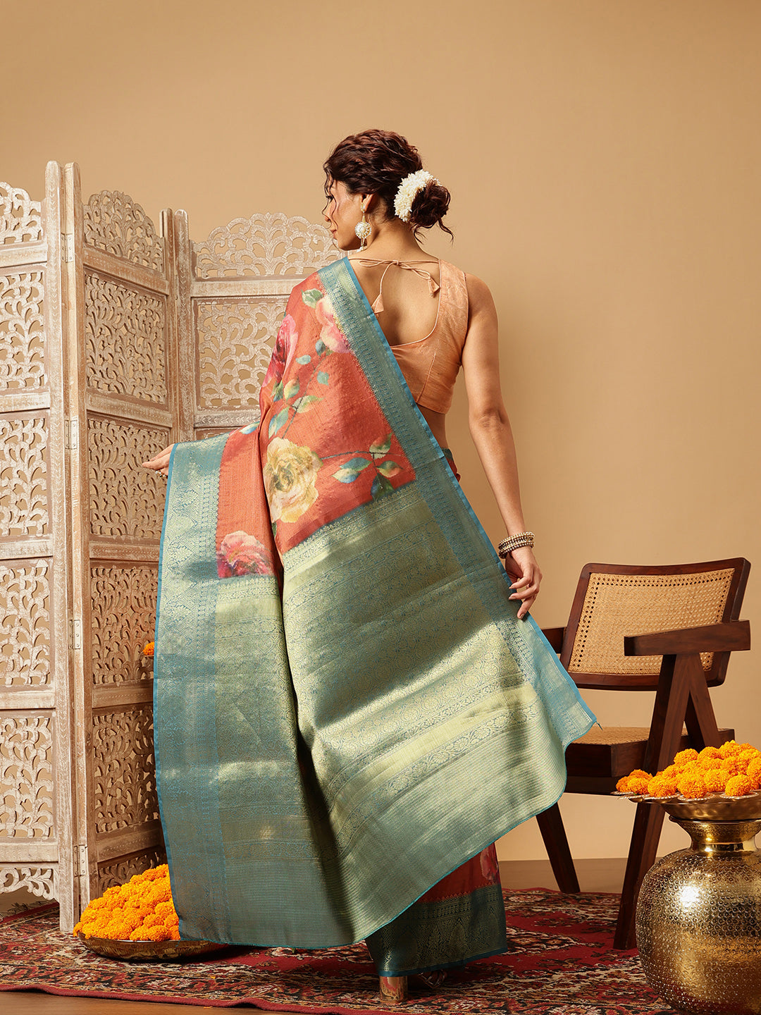 Hiral Fashion Peach Banarasi Tissue Silk Floral Digital Printed Saree