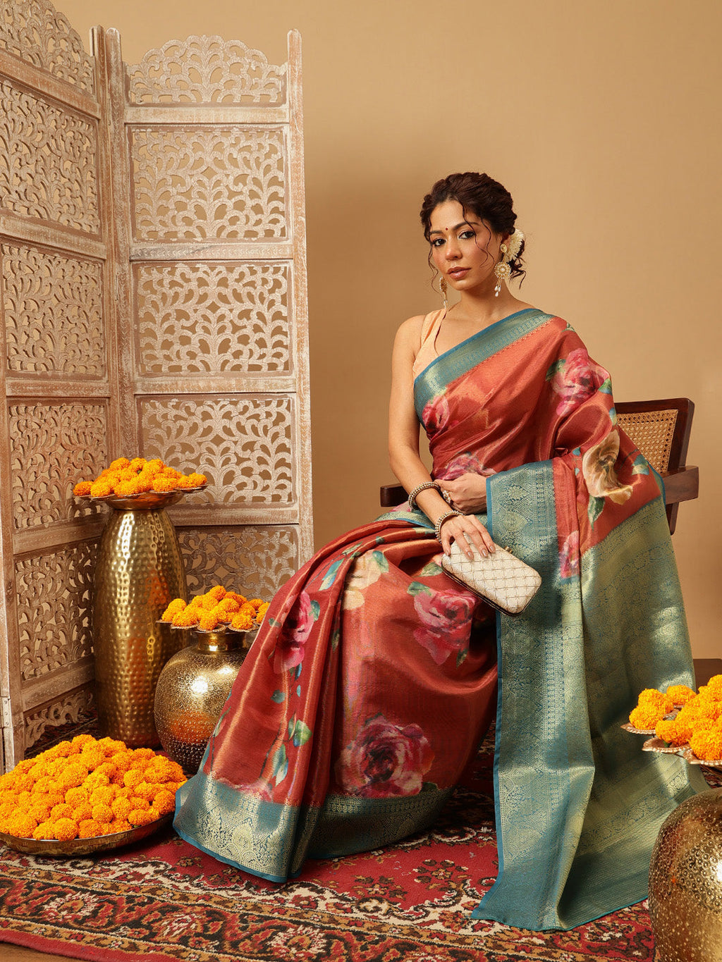 Hiral Fashion Peach Banarasi Tissue Silk Floral Digital Printed Saree