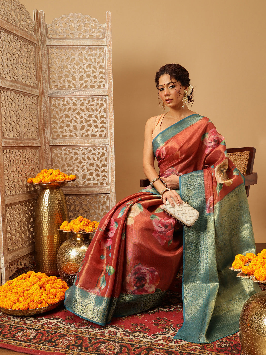 Hiral Fashion Peach Banarasi Tissue Silk Floral Digital Printed Saree