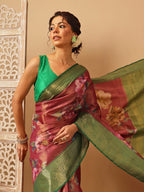 Hiral Fashion Pink Banarasi Tissue Silk Floral Digital Printed Saree