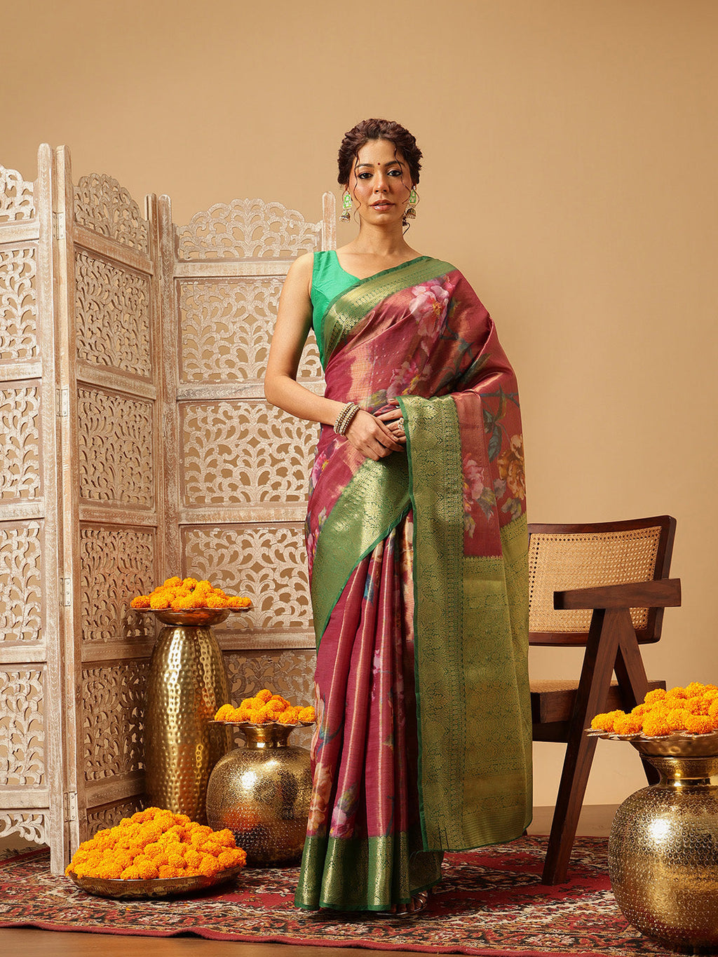 Hiral Fashion Pink Banarasi Tissue Silk Floral Digital Printed Saree