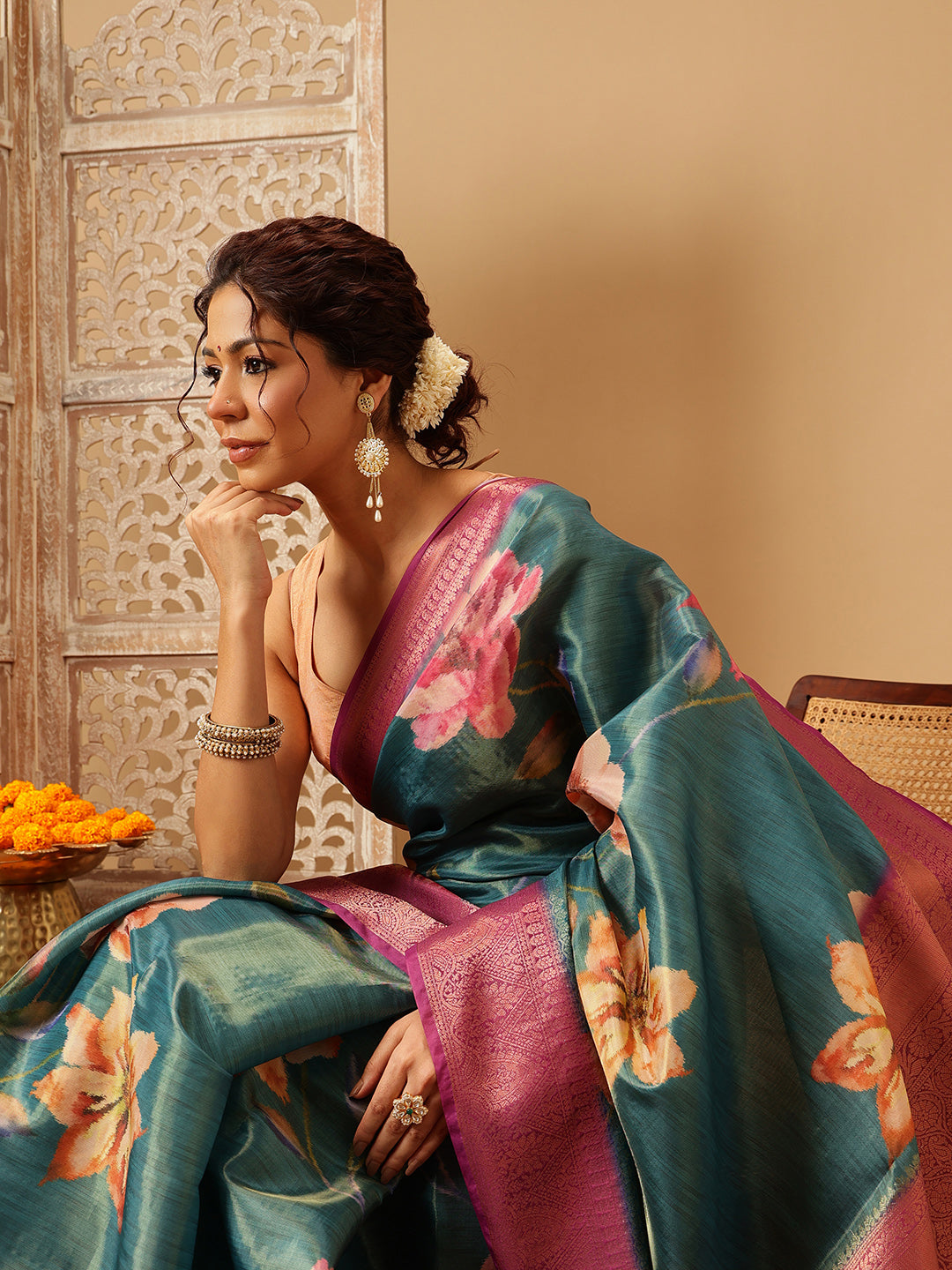 Hiral Fashion Teal Banarasi Tissue Silk Floral Digital Printed Saree