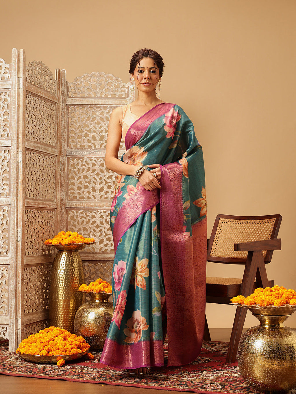 Hiral Fashion Teal Banarasi Tissue Silk Floral Digital Printed Saree