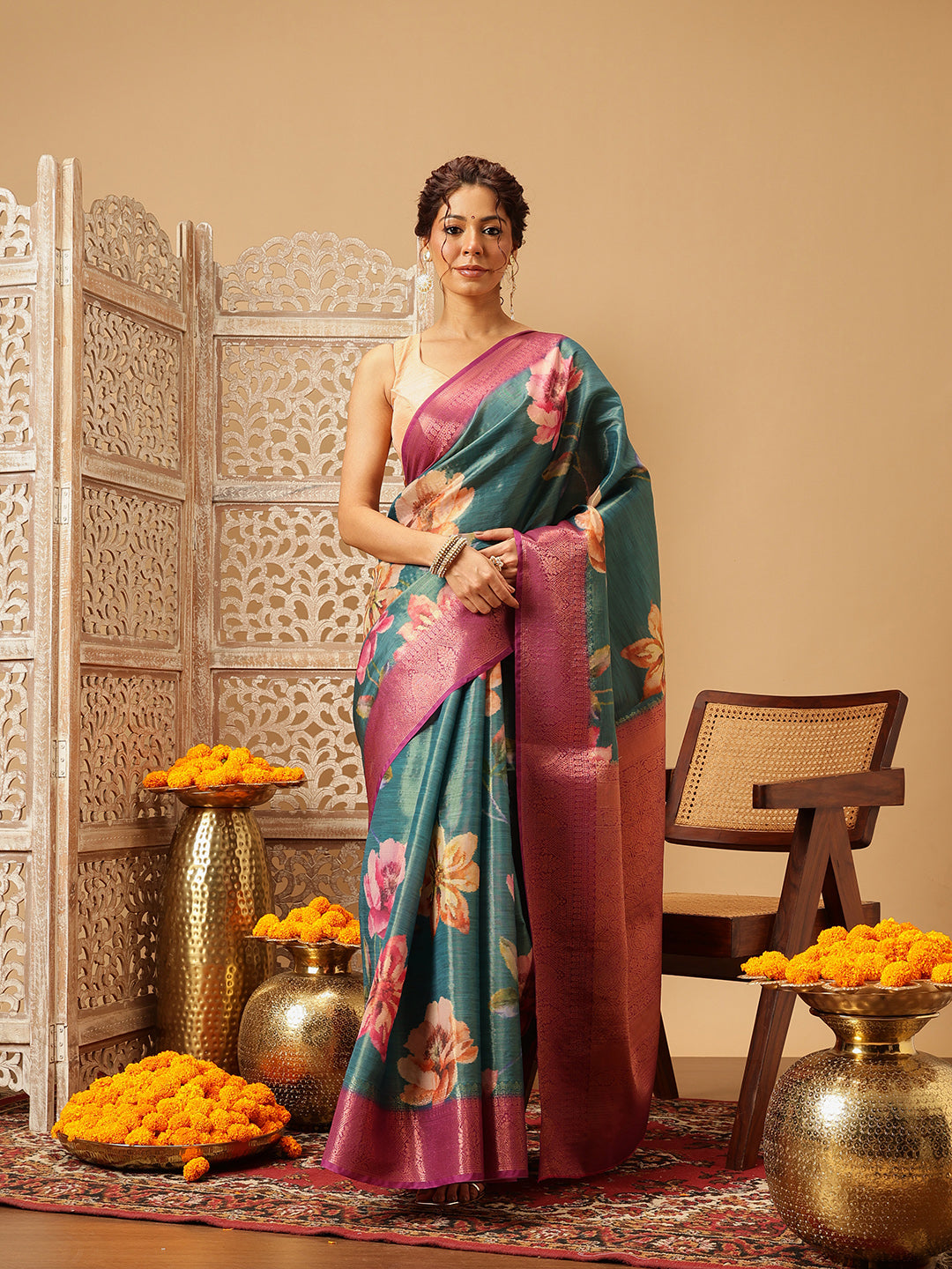 Hiral Fashion Teal Banarasi Tissue Silk Floral Digital Printed Saree