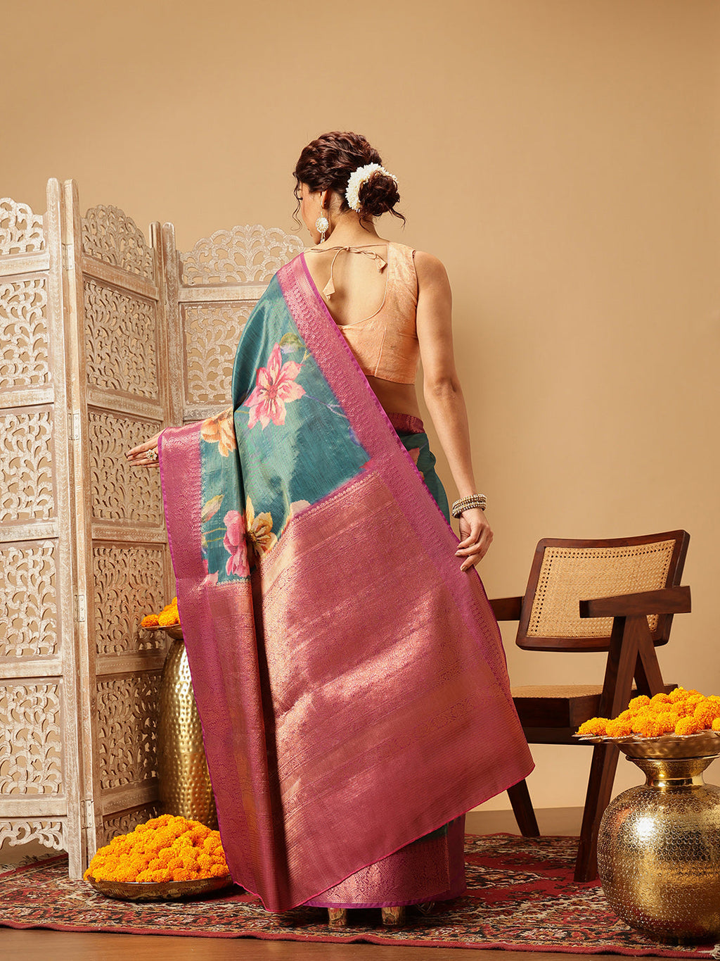 Hiral Fashion Teal Banarasi Tissue Silk Floral Digital Printed Saree
