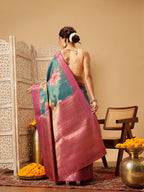 Hiral Fashion Teal Banarasi Tissue Silk Floral Digital Printed Saree
